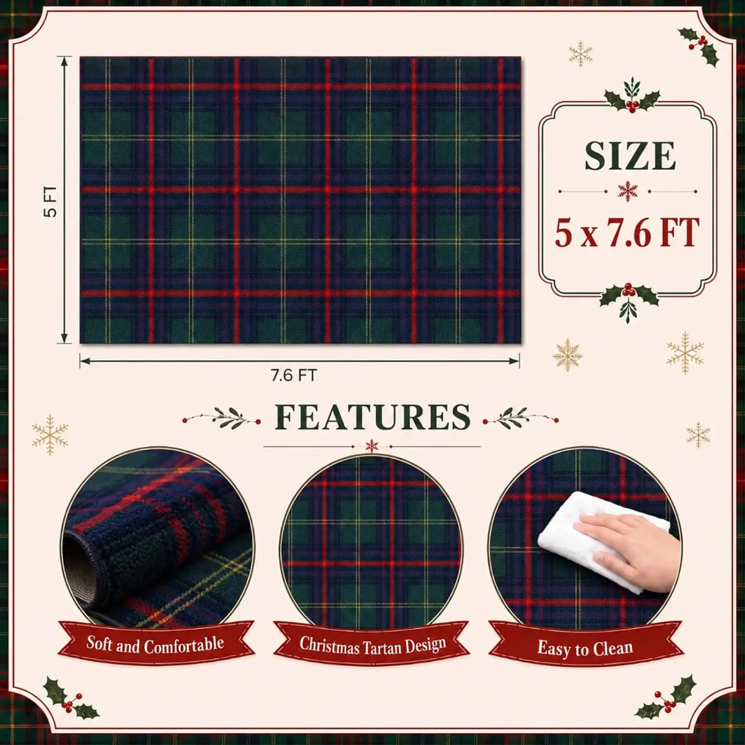 Extra Large 10x12 Christmas Area Rug Green Tartan Plaid Carpet Washable Non Slip Throw Rug for Entryway Bedroom Home Decor