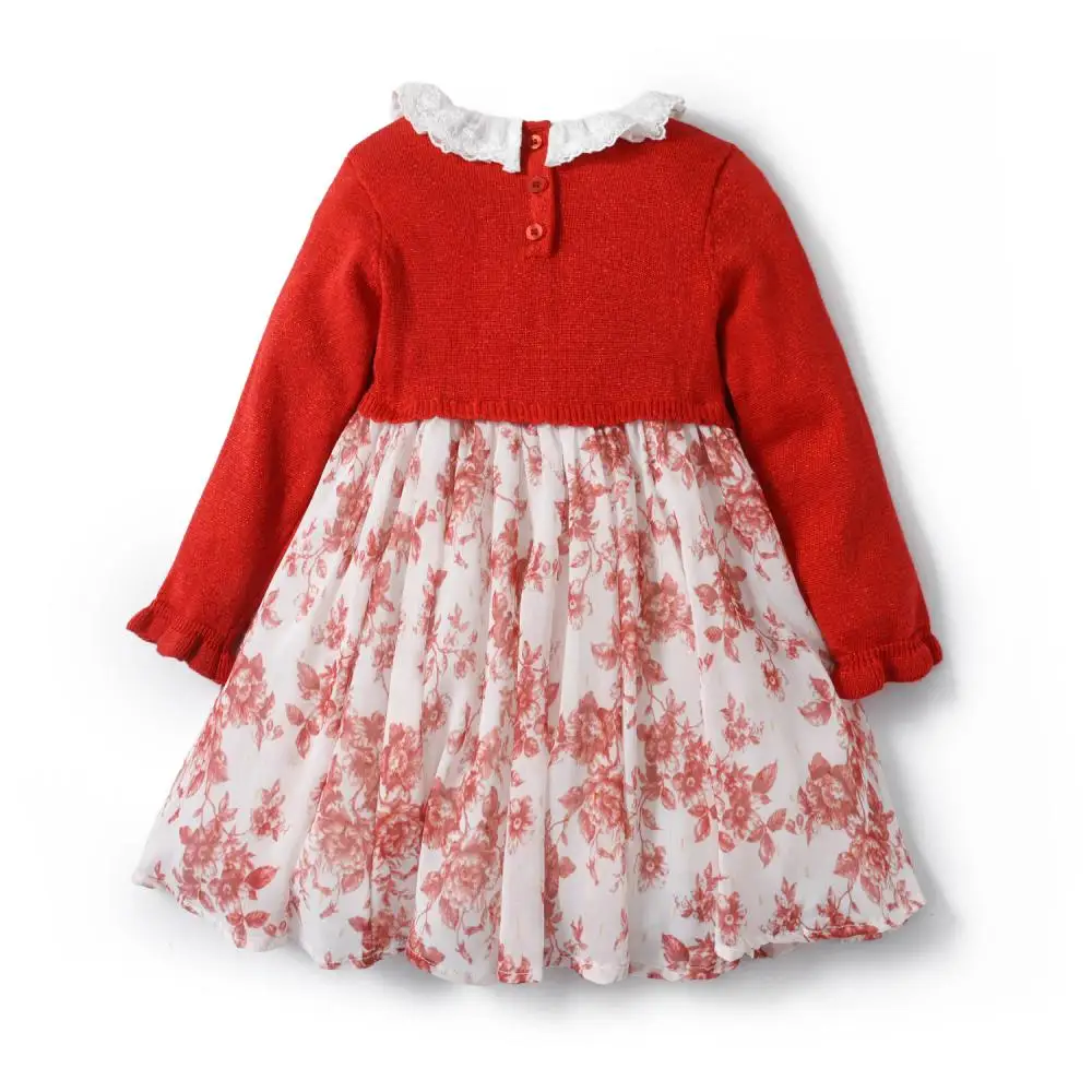 Clibeso Knitted Dresses for Baby Girls Children Red Floral Clothing Spring Autumn Infant Long Sleeved Lace Collar Clothes