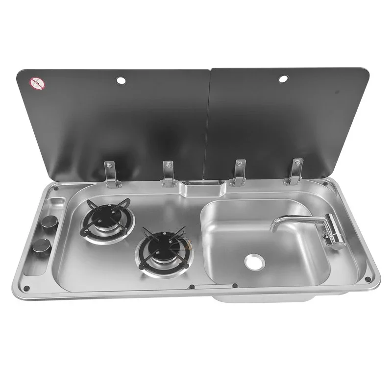 RV Gas Stove Two Burner Rectangular Stainless Steel Sink Combi with 2 Glass Lid 2.2KW 0.8MM Thickness for Car Kitchen