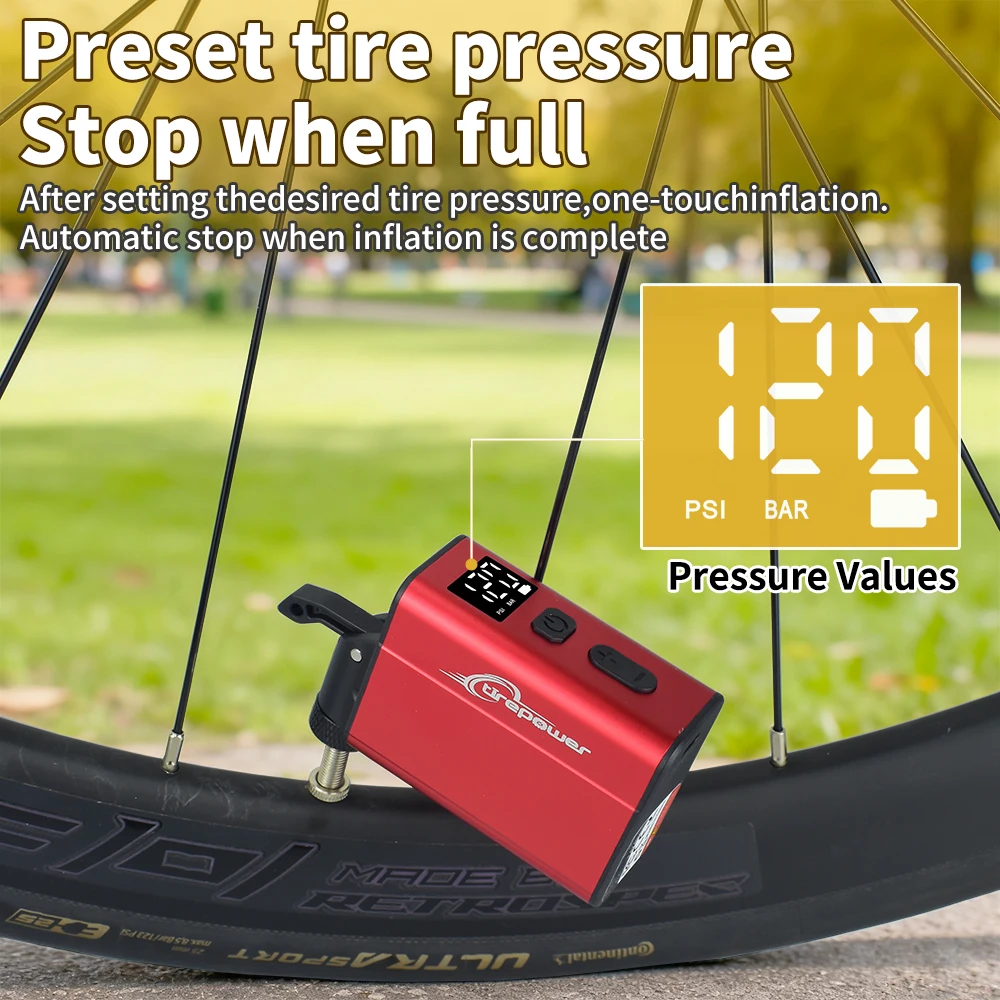 Elektrische Fahrradpumpe mit schnellem USB-C-Ladeanschluss, 120 PSI, tragbarer Mini-Reifenfüller mit zwei 480mAh Akkus und Display – Detail 7
