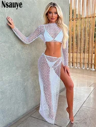 Nsauye Casual Holiday Sexy Hollow Out Women Beach Summer Long Sleeve Tops 2024 Club Maxi Dress Cover Up Skirt Two Piece Set Y2K