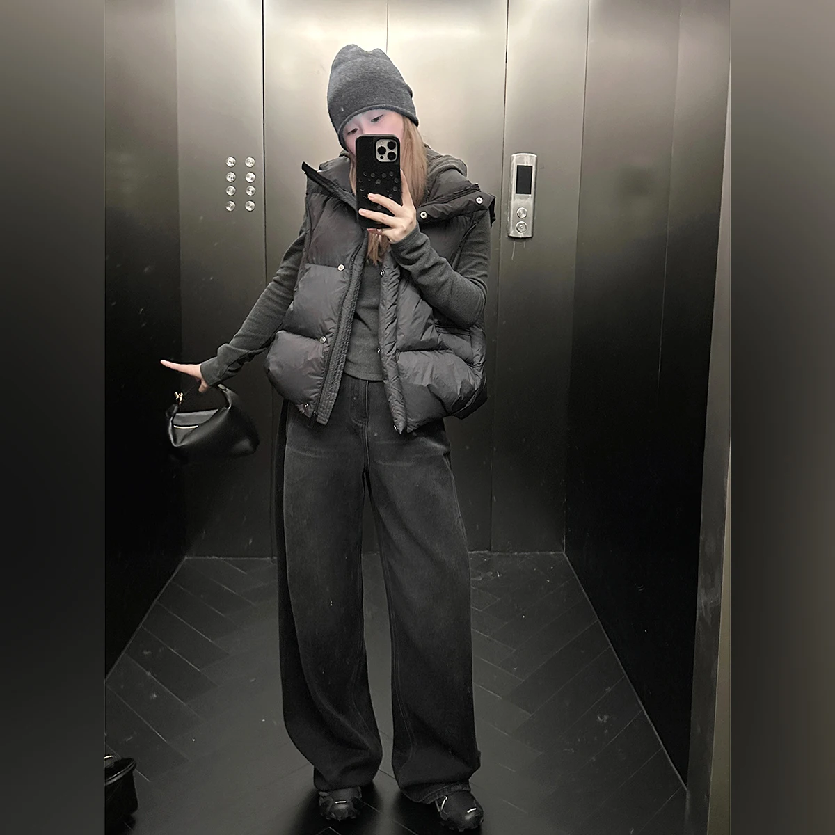 

Waed Wide Leg Denim Jeans Women's Fce Detailing Bend Knife Pants Charcoal Color Casual Cotton Stretch Jeans