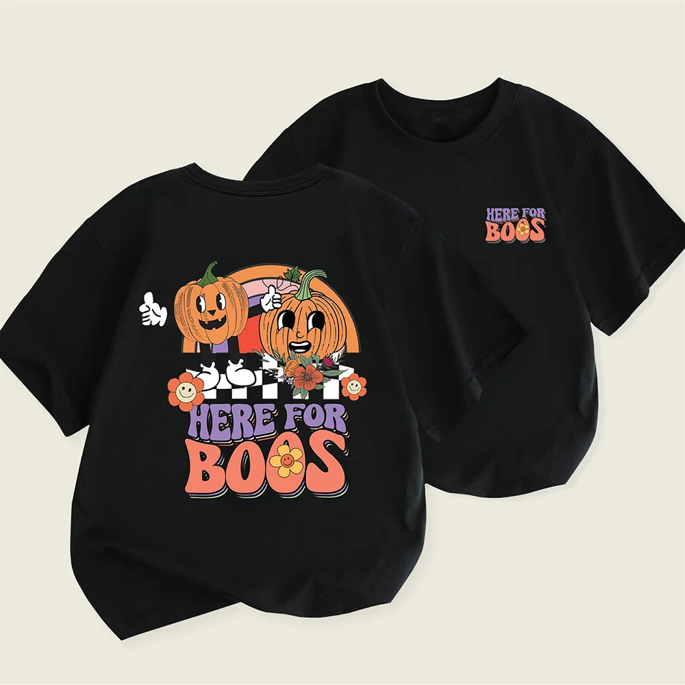 Girls' Short-sleeved T-shirt Halloween Pumpkin Head Print Casual Summer Crew-neck Children's Wear Girls Clothes  Boys Clothes