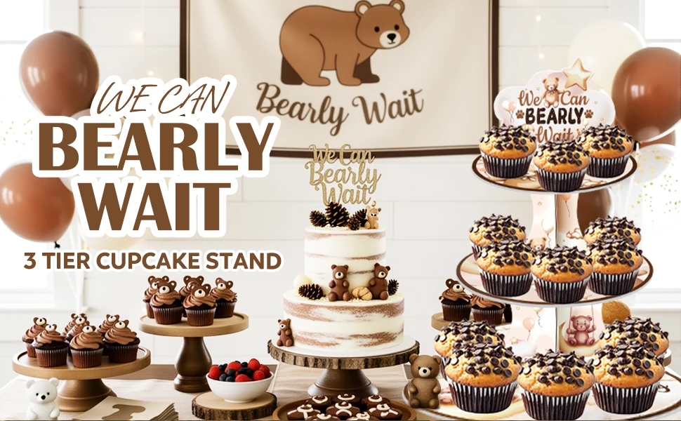 3-stöckiger Cupcake-Ständer mit Bärenmotiv 'We Can Bearly Wait' Babyparty-Dekoration Cupcake-Halter für Gender-Reveal-Party-Zubehör – Detail 1