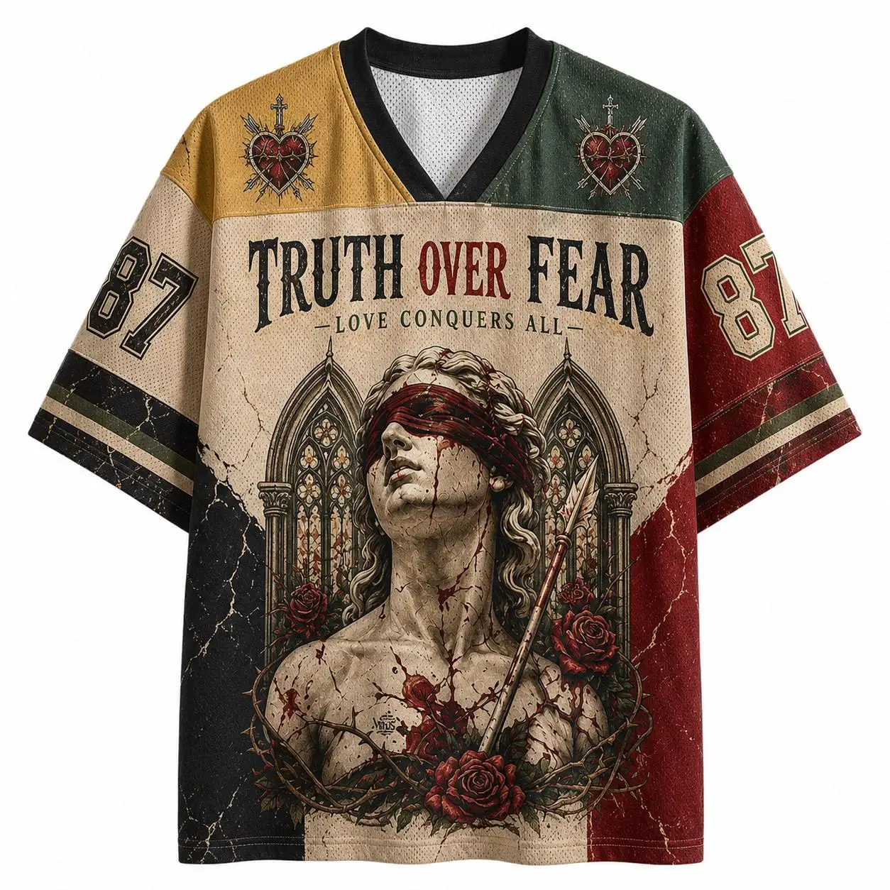 2026 Summer Fashion Retro Gothic Truth and Love Overcoming Fear 3D Printing Outdoor Leisure Fitness Style V-neck T-shirt Size Up