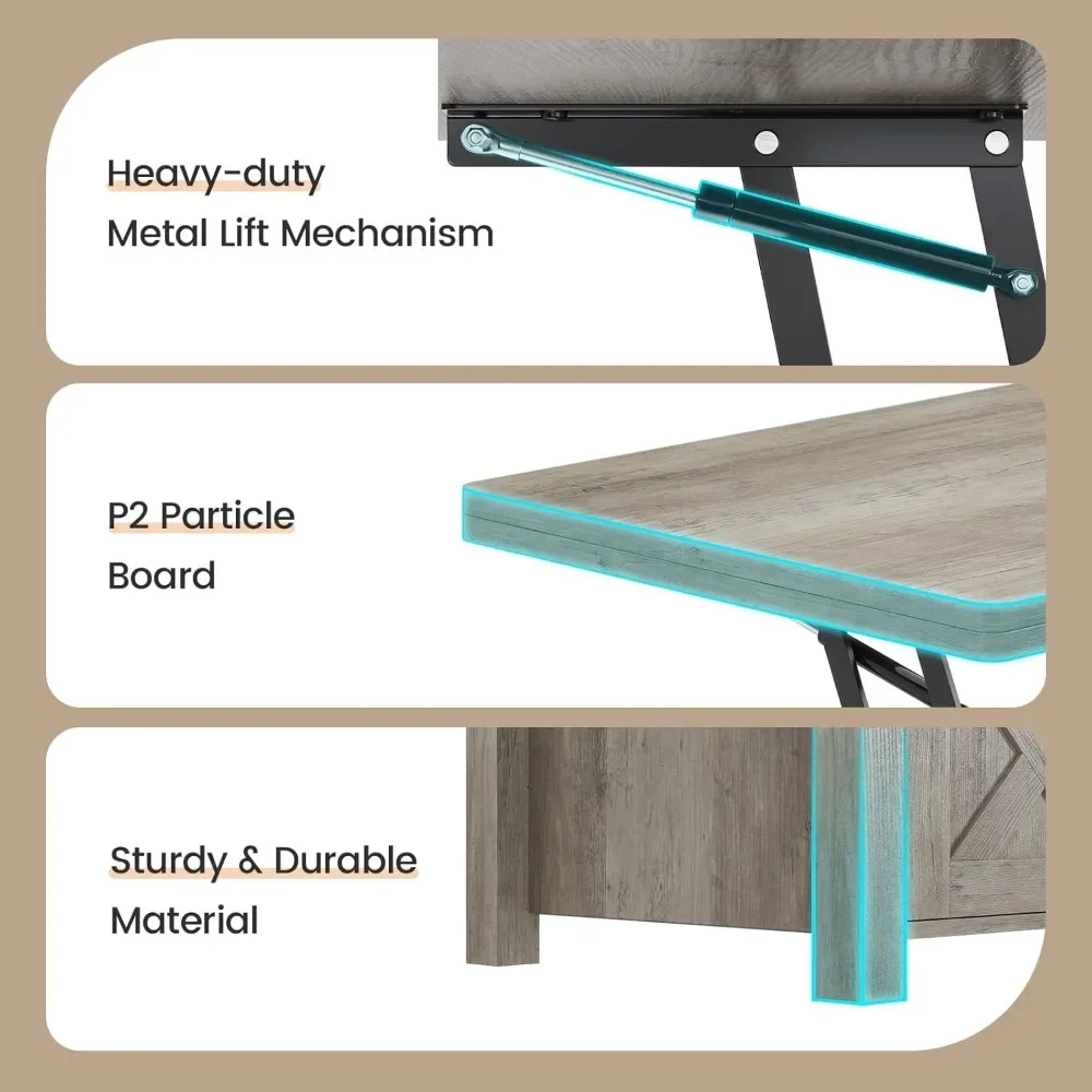 Table basse relevable, tables basses convertibles multifonctions avec rangement et compartiment GNE, table à manger abrasive