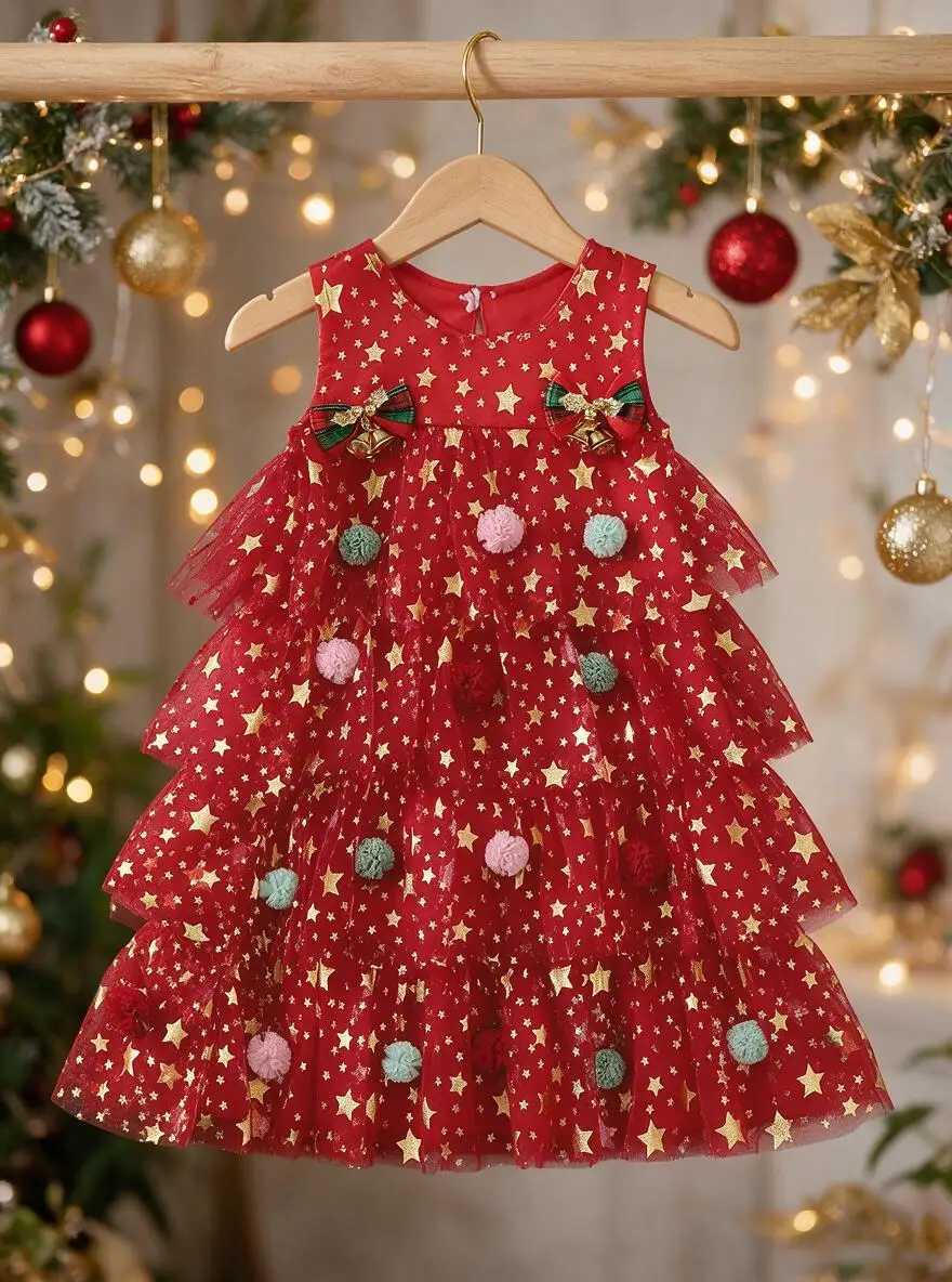 Christmas Red Casual Dress for Baby Girls Toddler Kids Clothing Festive Outfit Skirt