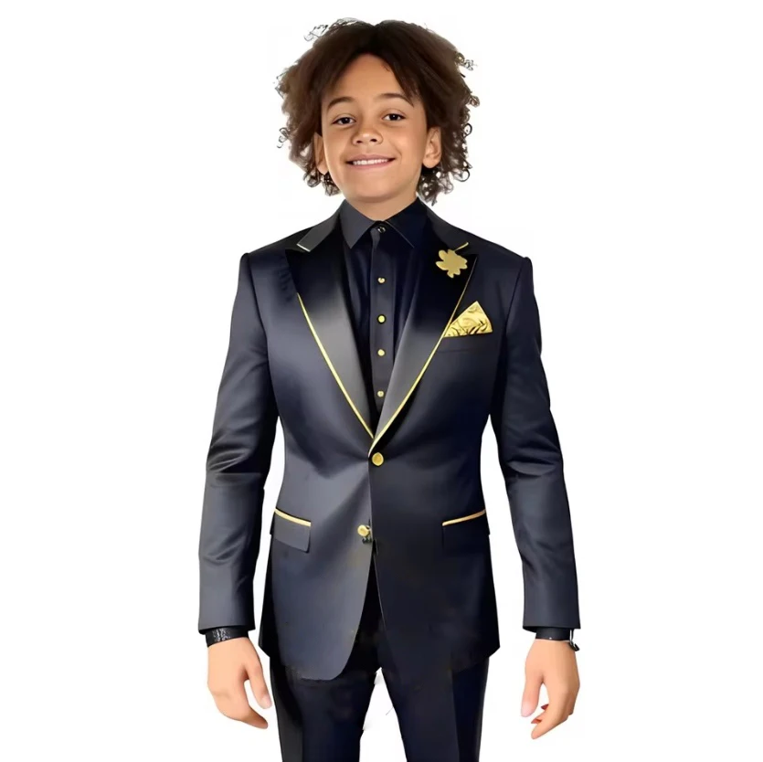 الذهب الساتان الأولاد دعوى الزفاف الأطفال سهرة السترة السراويل 2 قطعة مجموعة الذروة التلبيب 2-16 سنة مخصص الزي سليم صالح الصبي #3