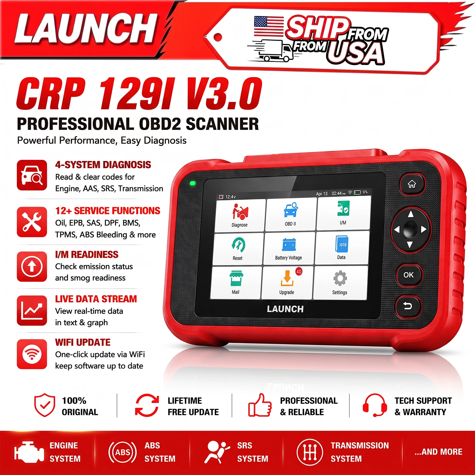 LAUNCH CRP129I V3.0 OBD2 Scanner with 12 Reset Functions, Lifetime Updates | ABS/SRS/AT/ENG, Code Reader, Diagnostic, Scan Tools for Car, FCA AutoAuth, CANFD & DoIP, Auto VIN, New Upgrade of CRP123
