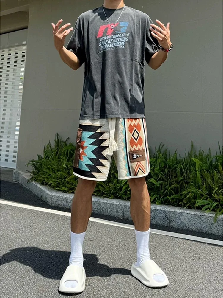 Male XXXL Trendy Geometric Ethnic Travel Shorts Men Summer Knit Bohemian Beach Holiday Shorts Tropical Pocket Daily Streetwear