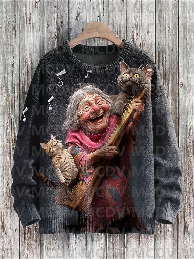 Multicolor Abstract Geometric Art Cat Print Knit Pullover Sweater Men's For Women's Pullover