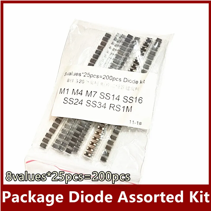 8values*25pcs=200pcs M1 M4 M7 SS14 SS16 SS24 SS34 RS1M Electronic Components Package Diode Assorted Kit electronic diy kit