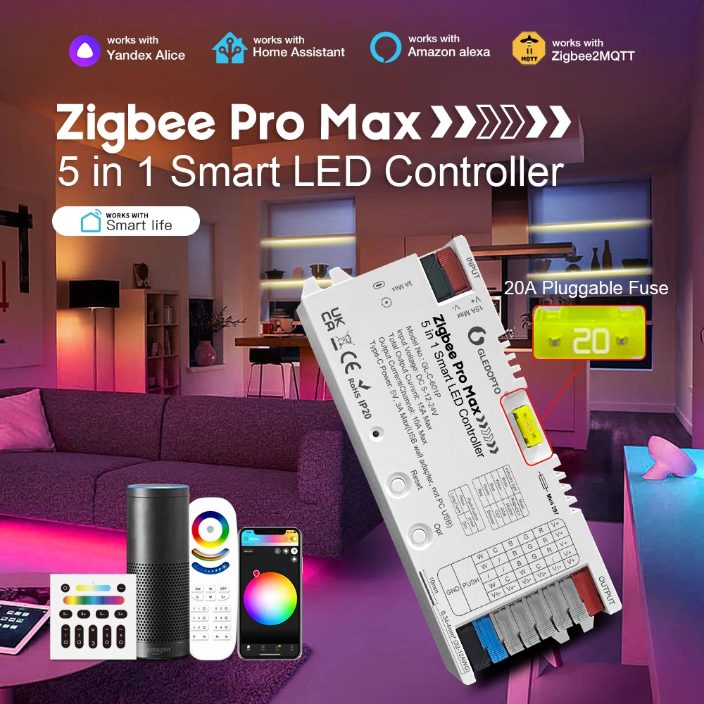 GLEDOPTO Pro Max ZigBee 3.0 LED Controller 5 in 1 RGBCCT RGBW RGB CCT Dimmer Color White Light Mix 20A Pluggable Fuse App Voice