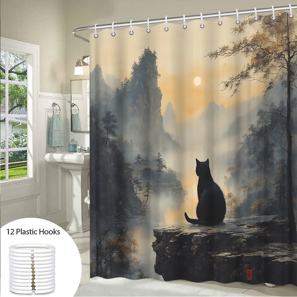 1pc Ethereal Black Cat Rocky Cliff Misty Mountain Sunrise Tranquil Lake Autumn Trees Soft Muted Palette Peaceful Natural Scene