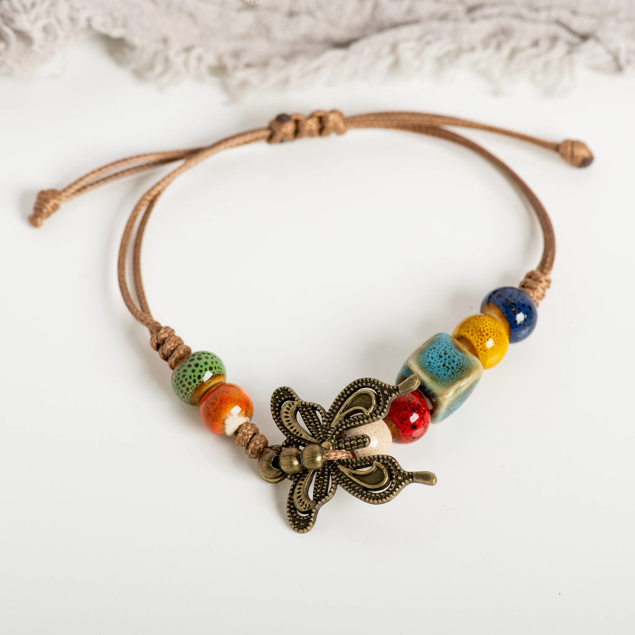 Vintage Multicolor Butterfly Ceramic Bead Bracelet Adjustable Handmade 15-25cm