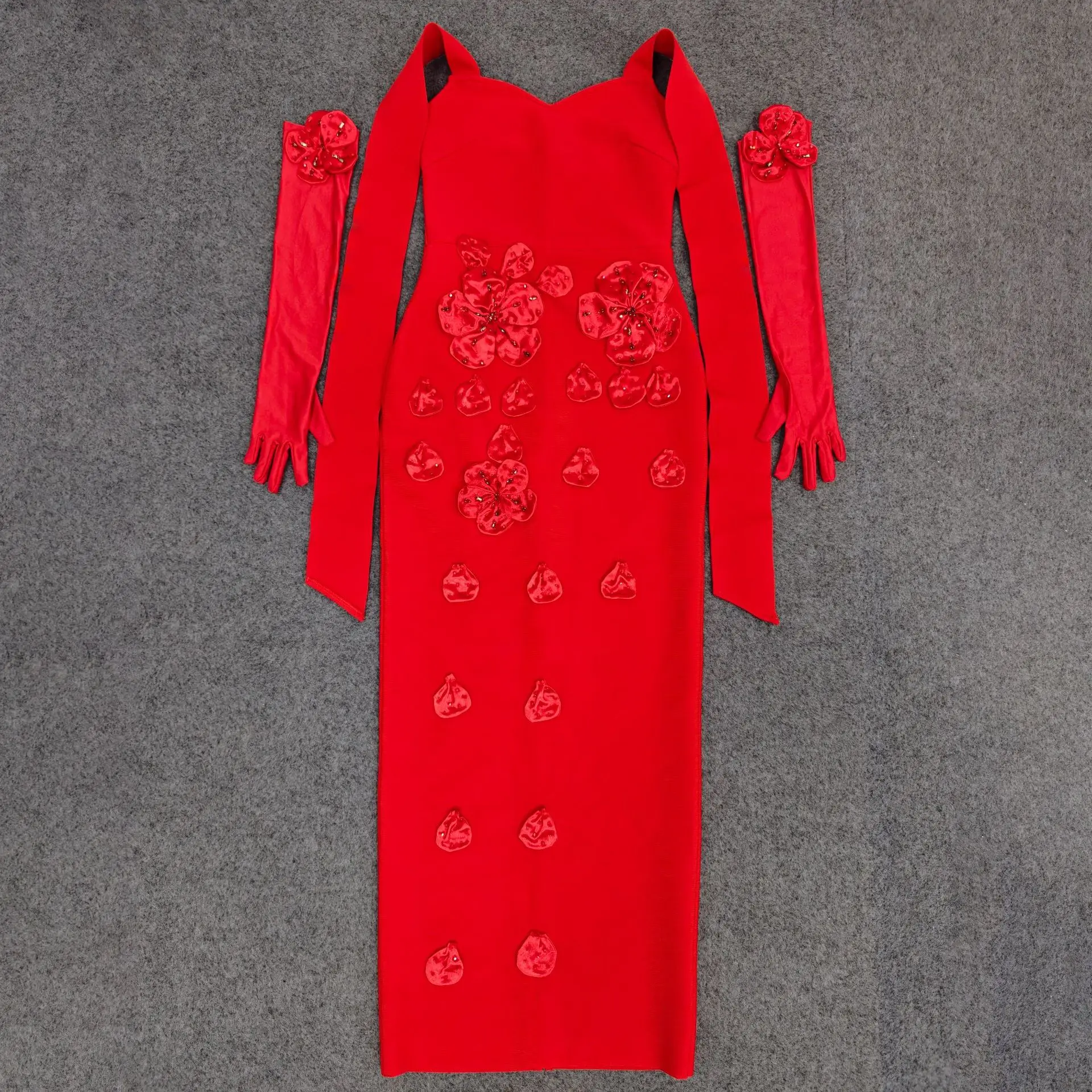 Seksowna sukienka bandażowa z kwiatowym wzorem, wiązana na szyi, dopasowana, z rękawiczkami, damska, elegancka, na wieczór, studniówkę, do klubu, na urodziny, imprezę, do klubu nocnego.