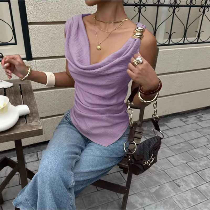 Women Summer Sleeveless Blouse Cowl Neck Metal Buckle Shirt Elegant Solid Brown Tank Top Casual Streetwear Female Tops