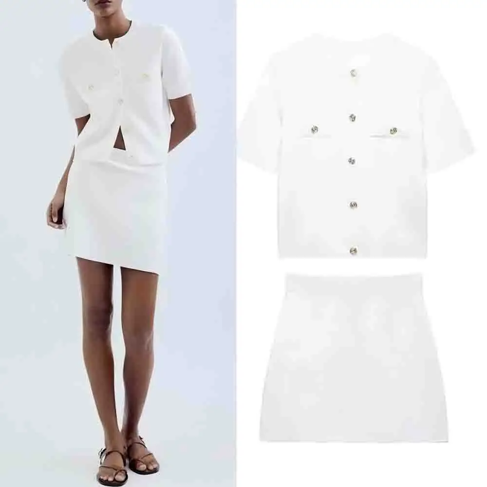 

Women's New Fashion gold button decoration casual knitted top retro short sleeved women's coat chic top+Skirts suit