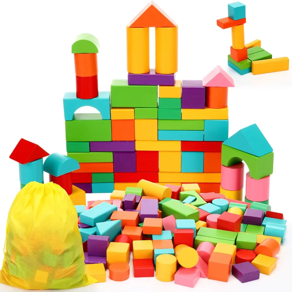 40 pçs/set blocos de construção de madeira coloridos com saco de armazenamento brinquedos educativos precoces aprendizagem 3d brinquedo de desenvolvimento sensorial