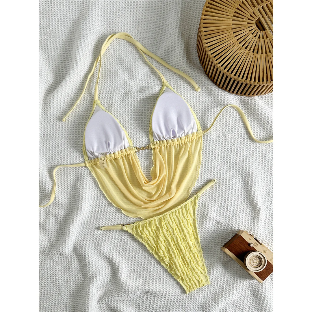Gefalteter Tankini-Bikini, Neckholder-Bikini, Damen-Badeanzug, zweiteiliger Bikini-Set, Badeanzug mit hohem Beinausschnitt, Badebekleidung, Schwimmbekleidung V8506 – Detail 5