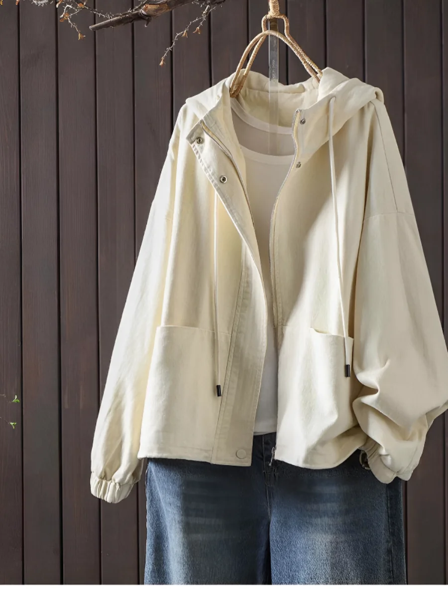 Retro Washed Loose Women's Jacket Design Spring 2026 New Style Cotton Short Coat with Hat Simple Straight Cut Pure Color