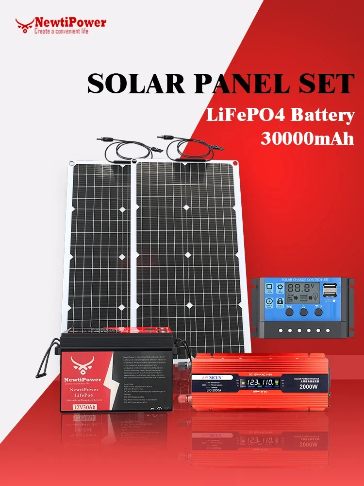 2000W off-grid zonne-completekit-voeding met 100A MPPT-controller, 110V 220V omvormer en 10AH 30AH LiFePO4-batterij voor thuis/camper/kamperen - afbeelding 2