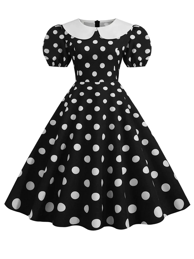 Black Polka Dot Printed Vintage Dress Women Summer Y2K Retro 50s 60s Pin Up Rockabilly Party Dress Robe Vestidos