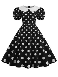 Black Polka Dot Printed Vintage Dress Women Summer Y2K Retro 50s 60s Pin Up Rockabilly Party Dress Robe Vestidos