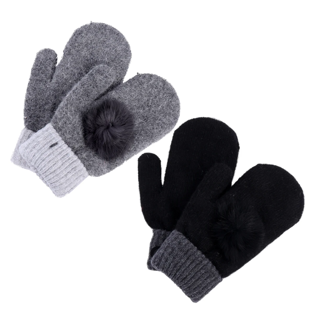 2 Pairs Gloves Fur Ball Wool Mittens Outdoor Warm Full Fingers Fleece Lined Thermal Miss