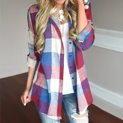 Ladies Leisure Matching Color Shirts Turn-down Collar Long Sleeve Button Loose Fashion Plaid Printed Shirt Blouse For Women