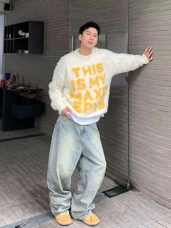 

Модный мужской вязаный свитер Lazy Sle, круглый, с буквенным принтом, повседневный, свободный крой, зимняя модная уличная одежда, мягкий хлопок