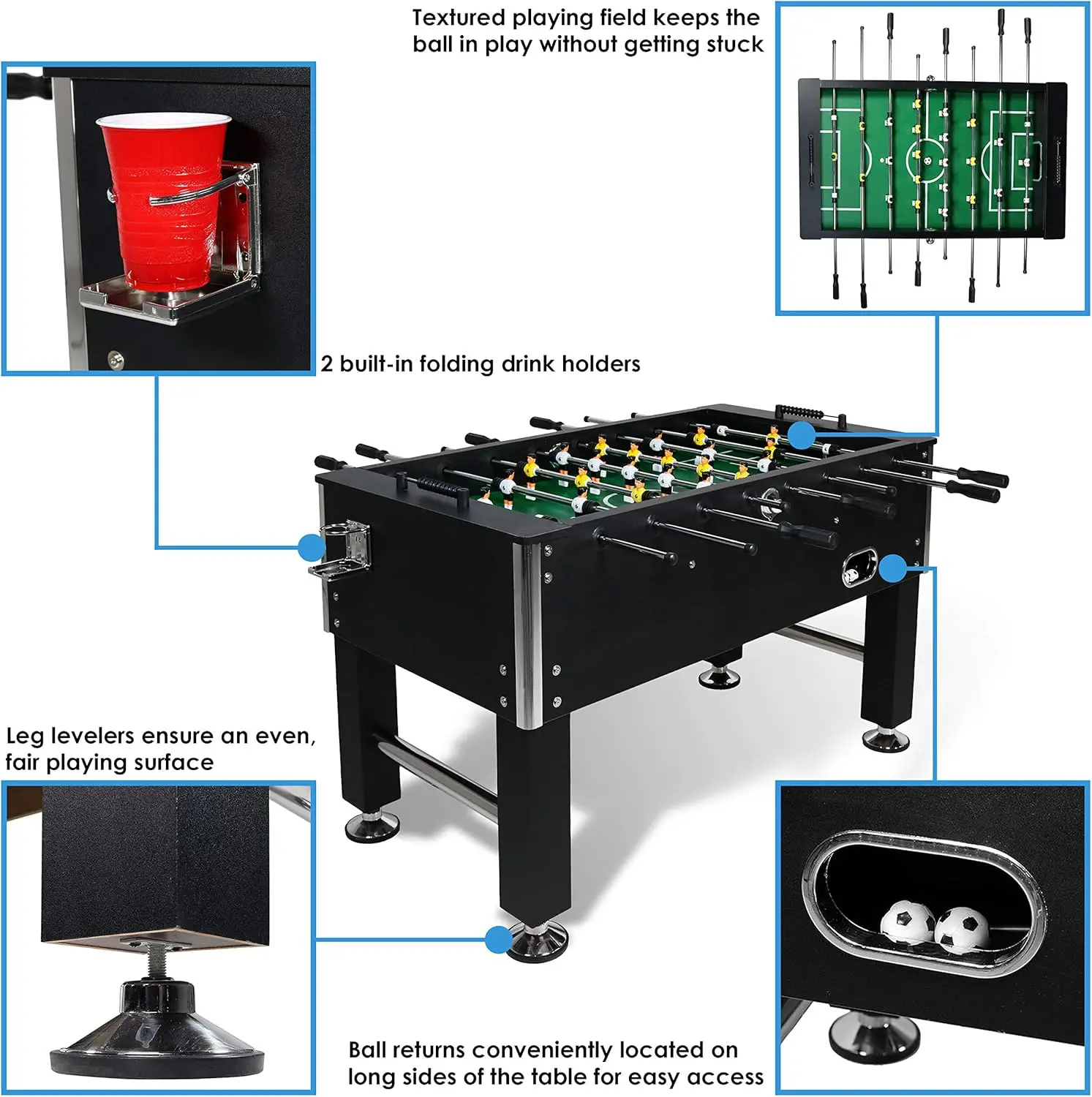 55-Inch Foosball Table Adult Size - Soccer Table with Chrome Plated Steel Rods - 2 Drink Holders - 4 Leg Levelers