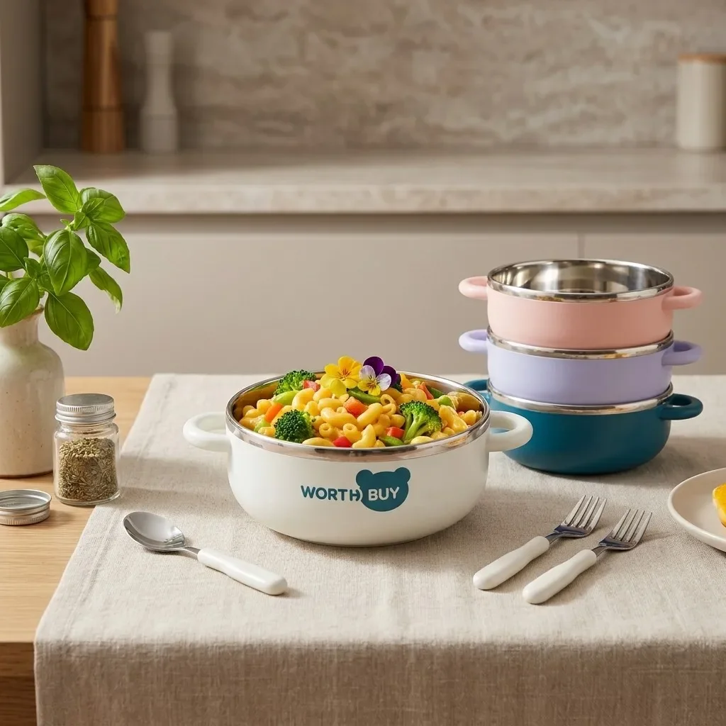 Cute Cartoon 304 Stainless Steel Bowl Anti-Scald Handle Kid Student Ramen Soup Rice Fruit Salad Drop-Proof Dishwasher Tableware