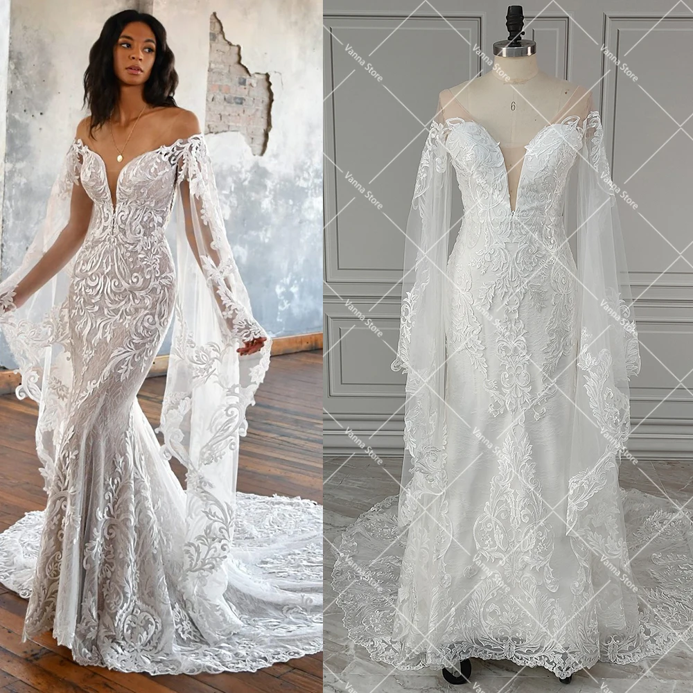 Long Batwing Sleeves Embroidered Lace Wedding Dress Deep V Neck Off Shoulder Tulle Custom Made Mermaid Cutout Luxury Bridal Gown