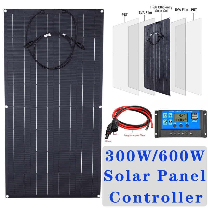 

600W 300W Solar Panel Kit 18V Flexible Monocrystalline Solar Cell Power Charger for Outdoor Camping Yacht Motorhome Car RV Boat