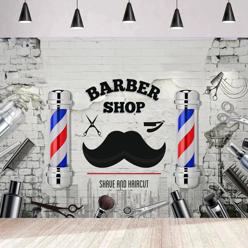 Barber Shop Party Photography Backdrop Hairstylist Salon Shaving Hairdressing Tools Rotating Light Box Background Wall Banner