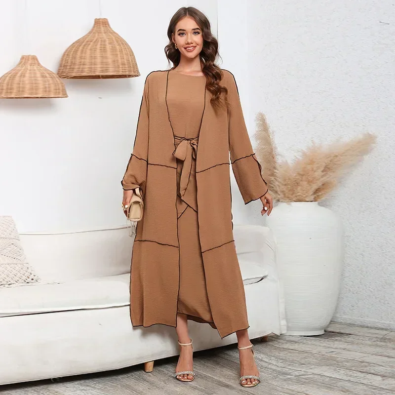 

2025 Eid 3pcs Muslim Sets Women Abaya Kimono Khimar Hijab Dress Suits Kaftan Turkey Solid Ramadan Kebaya Abayas Islam Clothing