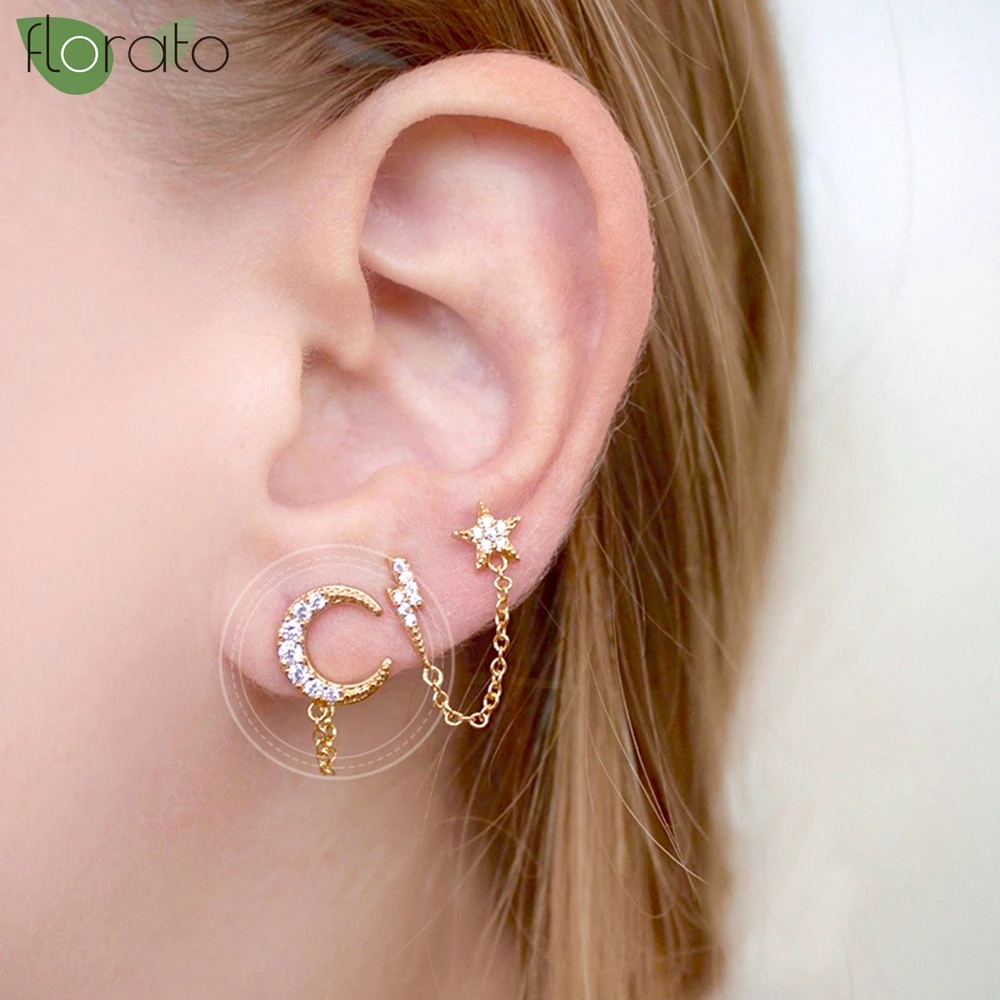 

925 Sterling Silver Needle Short Chain Pendant Earrings Gold-Color Star/Moon Stud Earrings for Women Fashion Jewelry Wholesale