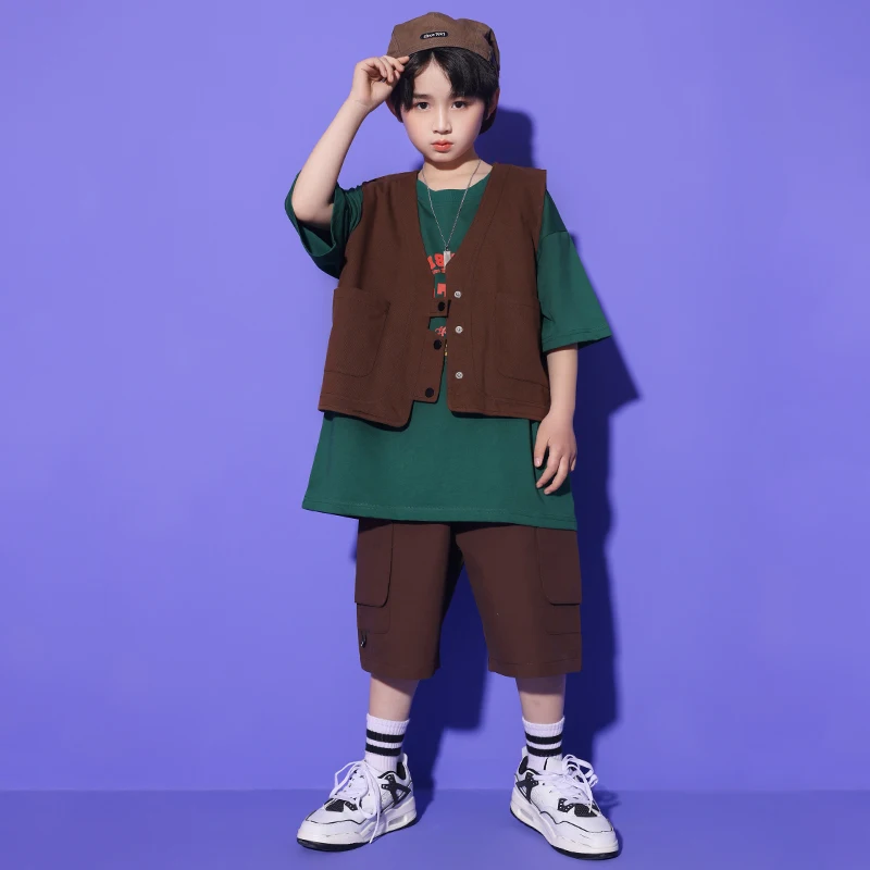 Teenager Street Wear Outfits Kinder Hip Hop Kleidung braune Weste T-Shirt Tops Cargo Shorts für Mädchen Jazz Tanz Kostüm Kleidung
