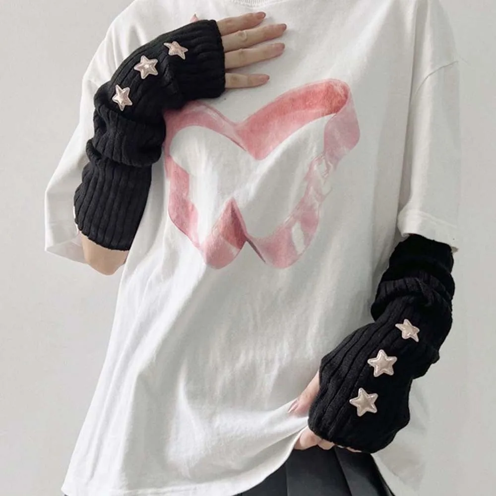 Elastic Knitted Fingerless Sleeves Long Gothic Y2K Star Arm Cover Solid Color Half Palm Warmer Long Cuff Party