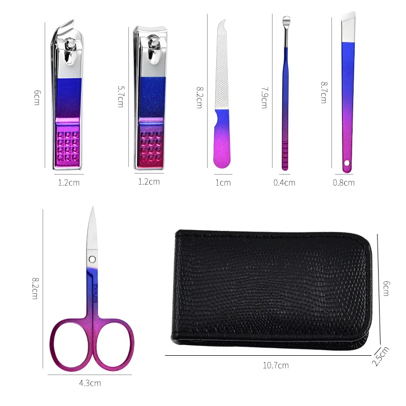 Zipper Gradient Color Nail Clipper Set 6-Piece Premium Stainless Steel Manicure Set with Leather Case