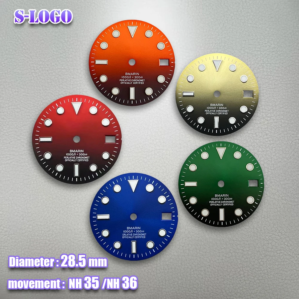 28.5mm S Logo NH35 sous cadran dégradé adapté au mouvement NH36/4R/7S bleu glace Luminou vert montre Modification accessoires outils de réparation