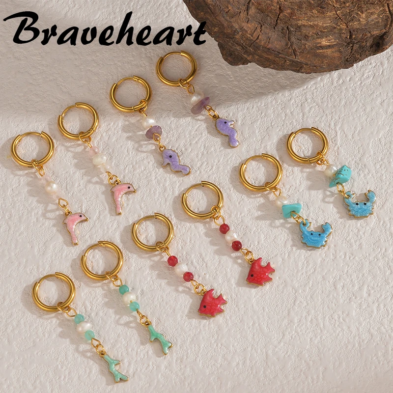 Exquisitos pendientes de aro pequeños para mujer y niña, chapados en oro, esmalte de goteo de colores, pendientes con dijes de pez Coral y cangrejo, regalos de joyería oceánica
