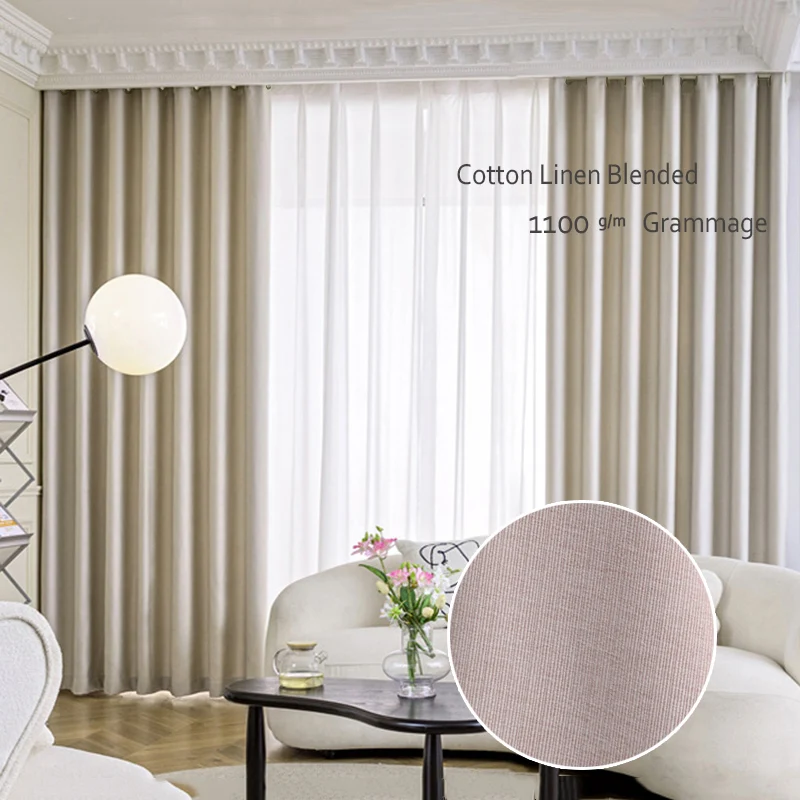 Simple Plain Curtain Double-sided Linen Blend Blackout Curtian for Living Room, Bedroom, Office, Hotel