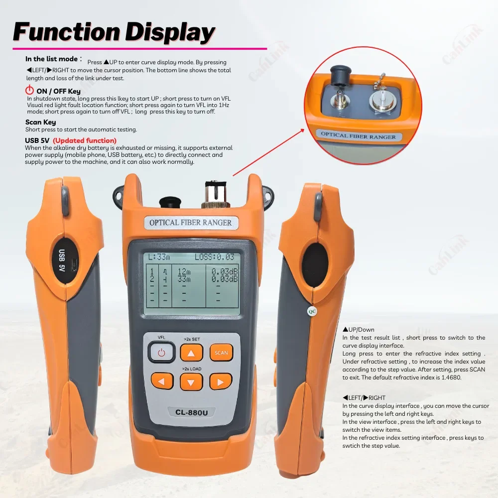 2026/Handheld OTDR in VFL With FC SC LCD OPTICAL FIBER RANGER CL-880 60KM OPM VFL Fiber Breakpoint Tester for Network TCP & FTTX