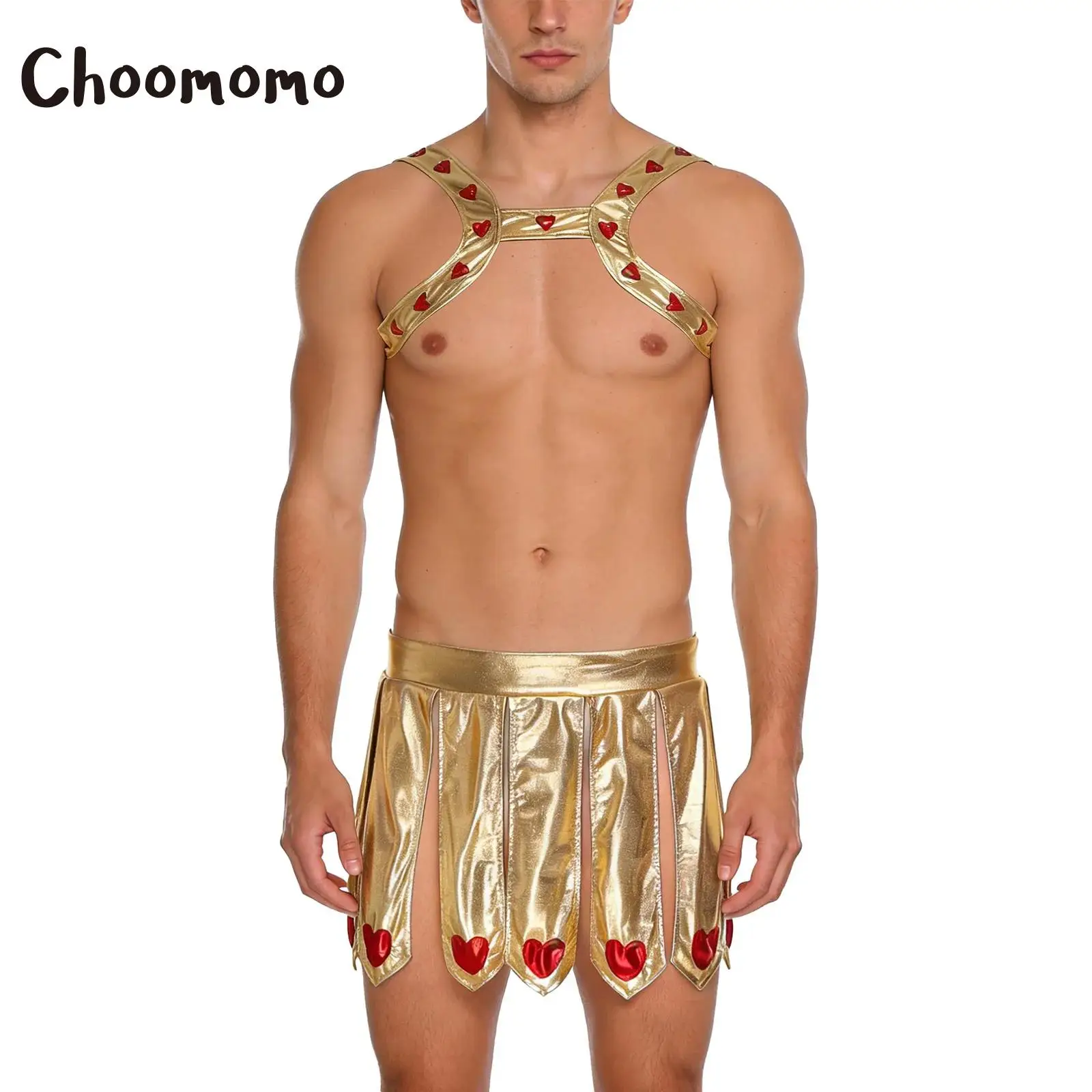 

Mens Cupid Cosplay Costume Heart-embellished Chest Harness And Slit Skirt Metallic Shiny Set for Halloween Fancy Party Dress Up
