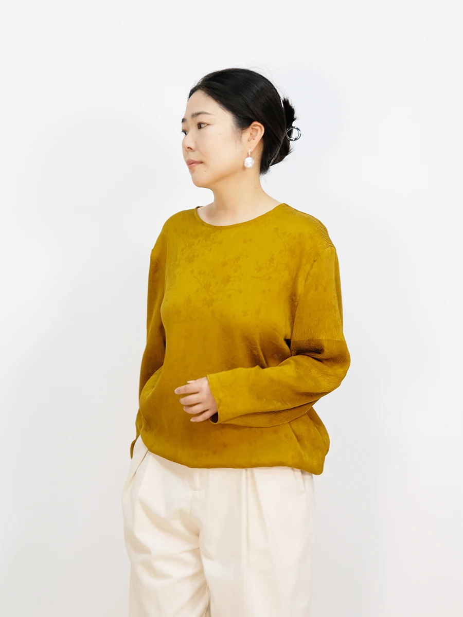 

SK Silk Chiffon Long Sve Women's irt Orange Red Cloud Fabric Yellow Spring New Sle Simple Sle round Ne Top