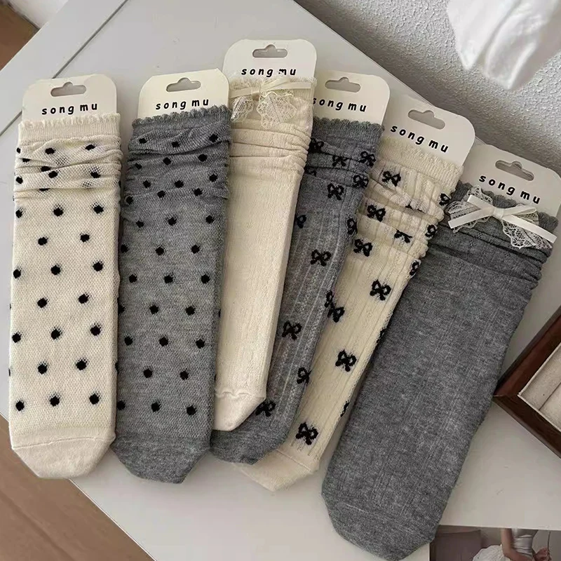 

4pairs Thin Breathable Summer Women Bow Socks Korean Fashion Solid Color Loose Long Socks Japan School Girls Grey White Socks