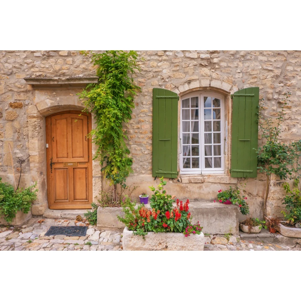 European Countryside Italian Town Street Scene Backdrop Courtyard Floral Wood Door Window Baby Portrait Photography Background