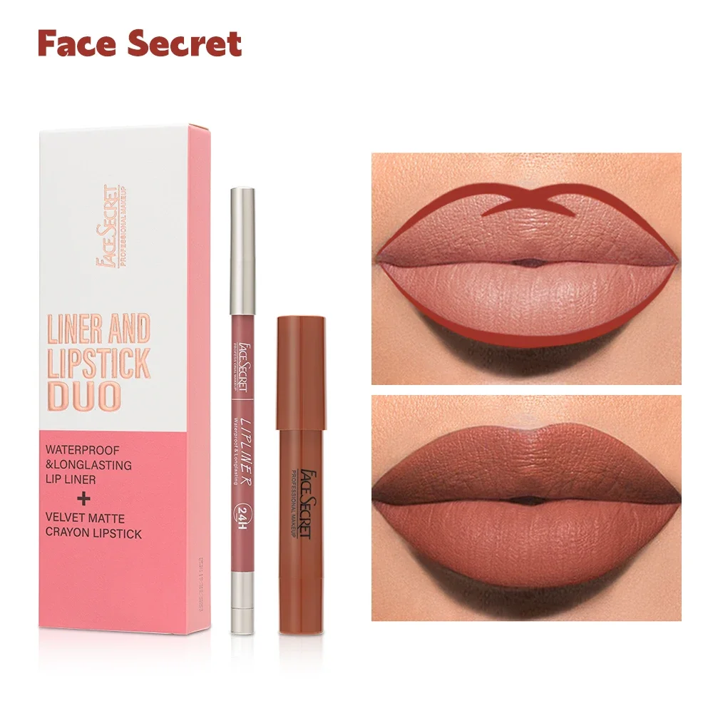 Face Secret Matte Lipstick & Lip Liner Set 7 Colors Waterproof High Pigmented Slim Long Lasting Lip Gloss